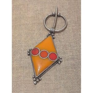 Vintage Coral inlay Silver Berber North African Fibula Orange Red Brooch Pin